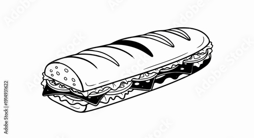 A black and white drawing of a long, layered sandwich with a seeded bun