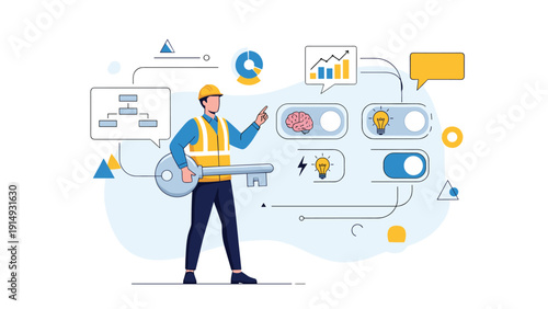 Technical expert holding the key to success by unlocking innovative solutions and electrical engineering concepts.