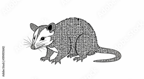 A black and white drawing of a possum made of QR codes