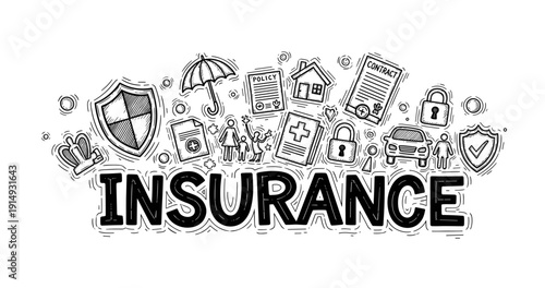 Doodle illustrations depicting various insurance types and concepts