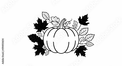 A black and white drawing of a pumpkin surrounded by autumn leaves