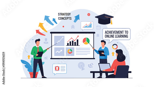 Educational achievement in online learning demonstrated by professional instructors presenting business strategy and data concepts.