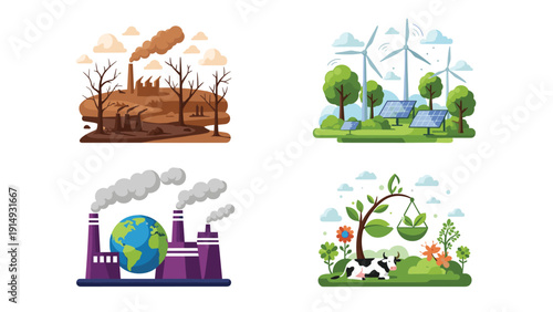 Comparison between environmental pollution from factories and sustainable green energy solutions like wind and solar power.