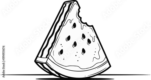 A black and white line drawing of a juicy watermelon slice with a bite taken out