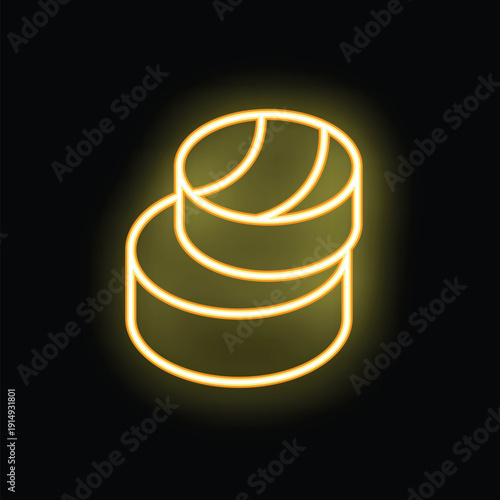 Yellow glowing neon sign representing three stacked maki, for a japanese restaurant