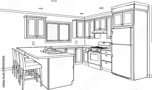 A black and white line drawing of a modern kitchen featuring cabinetry