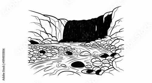 A black and white drawing shows a wide waterfall cascading into a rocky river