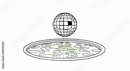 A black and white geodesic sphere hovers over a circular pool with a green globe reflection