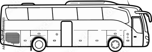 A black and white line drawing of a modern tour bus with multiple windows and doors