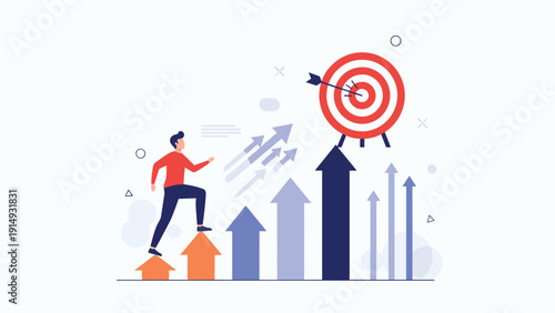 Career growth and goal achievement strategy shown as a person climbing rising arrows toward a successful target.