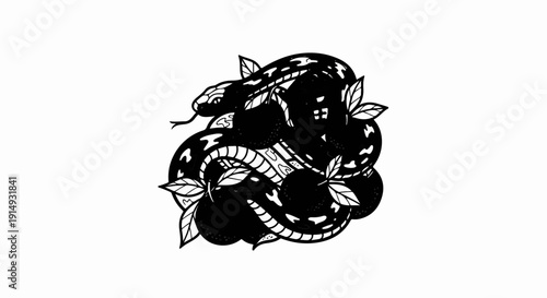 A black and white illustration of a snake coiled around dark, leafy fruits