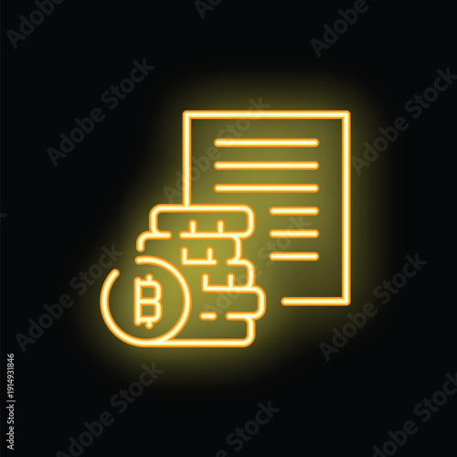 Yellow glowing neon icon of bitcoin cryptocurrency stack with invoice document on black background