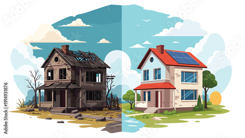 House renovation and sustainable living transformation from a dilapidated building to a modern home with solar panels.