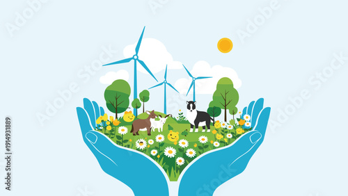 Environmental protection and sustainable ecosystem care shown as hands cradling a green world with renewable energy and wildlife.