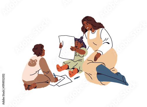 Cute children are drawing and showing their pictures to mom. Mother and kids spend time together. Parent with son, daughter. Happy African American family. Flat isolated vector illustration on white