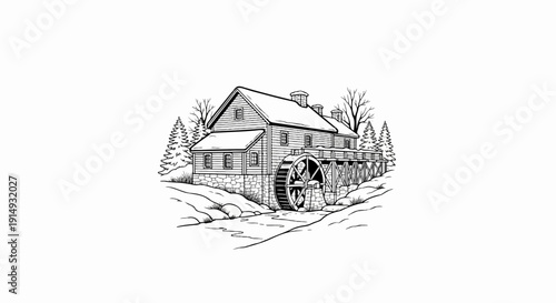 A black and white line drawing of a rustic water mill in a winter landscape