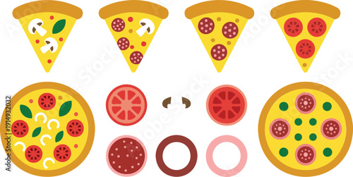 Pizza Slice and Whole Pie Outline Icon Set  Italian Cuisine Collection