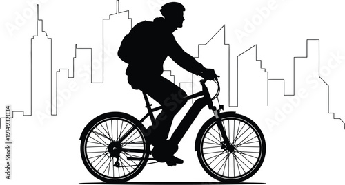 Cyclist riding a bicycle against a city skyline stark black silhouette