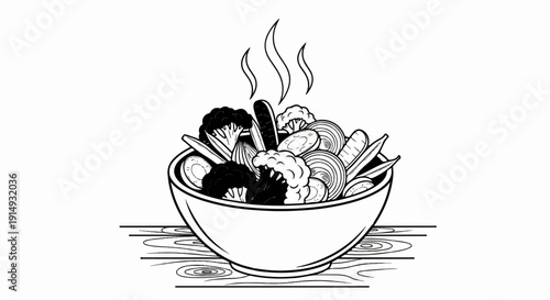A black and white illustration of a steaming bowl of mixed vegetables on a wooden surface