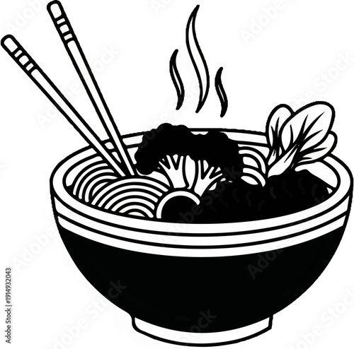 A black and white illustration of a steaming bowl of noodles with broccoli and greens