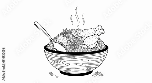 A black and white illustration of a steaming bowl of rice with chicken and spices