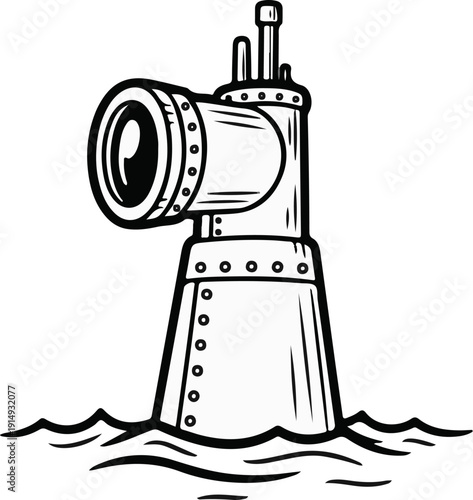 A black and white illustration of a submarine conning tower emerging from the water
