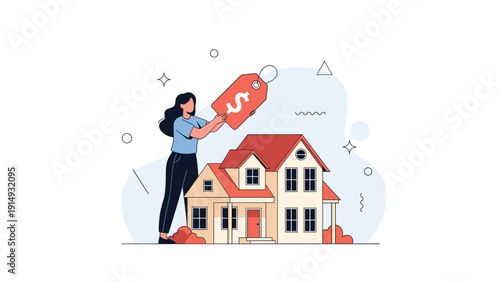 Professional woman attaching a red dollar price tag to a model house to represent real estate market valuation and sales.