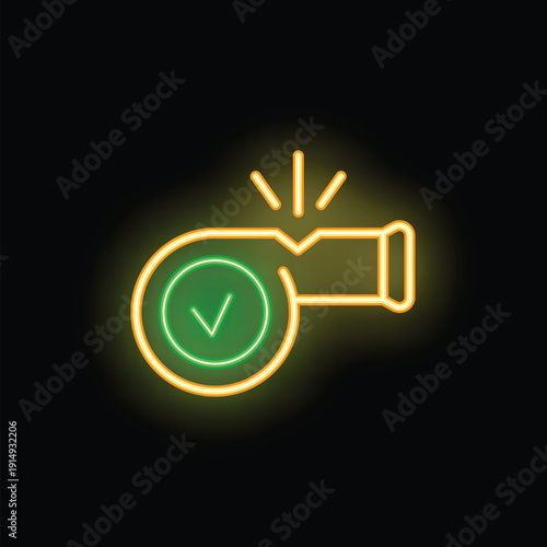 Green and orange neon whistle blowing icon glowing on dark background