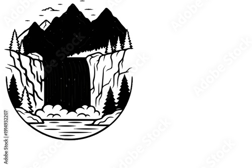 A black and white illustration depicts a waterfall cascading down rugged cliffs with evergreen trees