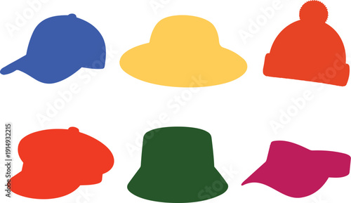 Colorful Headwear Outline Icon Set  Casual and Trendy Hats
