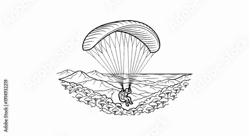 A black and white illustration depicts a paraglider soaring above a mountainous landscape and trees