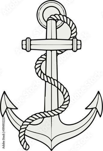 A black and white illustration of a traditional anchor with a rope