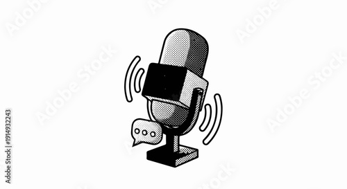 A black and white illustration of a vintage microphone with sound waves and a speech bubble