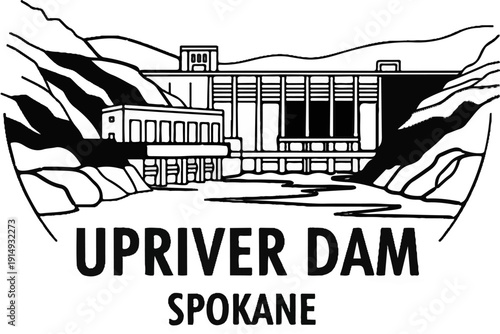 A black and white illustration depicts a large dam with surrounding hills and water