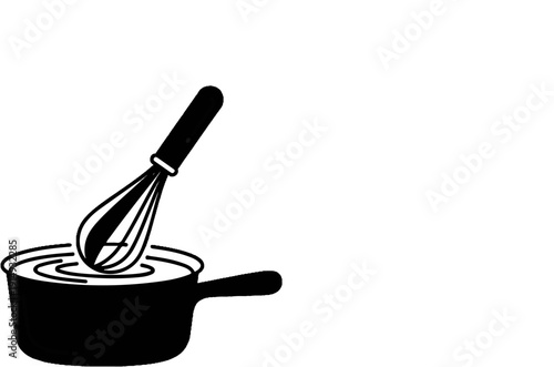 A black and white illustration of a whisk mixing batter in a saucepan