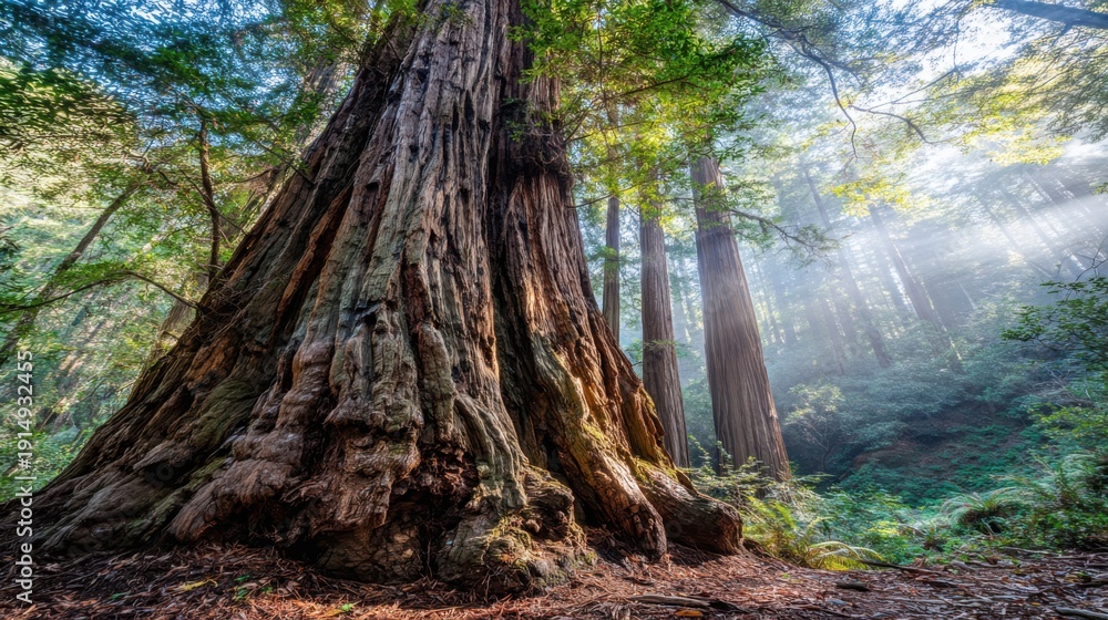 Fototapeta premium Massive ancient redwood tree trunk in a sunlit forest with intricate bark texture