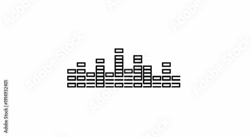 A black and white graphic of a sound wave equalizer with varying bar heights