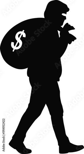 A thief running with a bag of money depicted in black silhouette