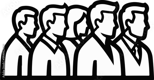 A black and white graphic of five individuals in profile, dressed in formal attire