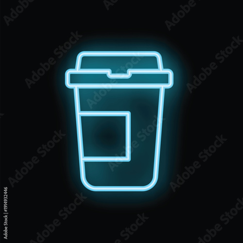 Blue neon sign of takeaway coffee in plastic cup with lid on black background