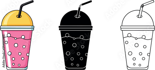 Set of bubble tea drink cups in color, solid black silhouette, and outline style with tapioca pearls and straw vector illustration