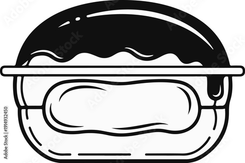 A black and white graphic of a dish with a dark topping