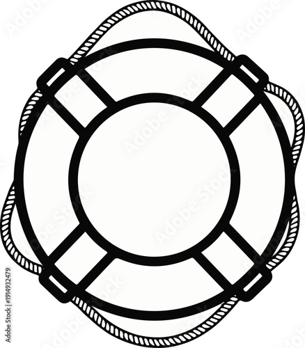 A black and white graphic of a circular life preserver with rope