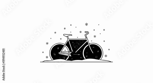 A black and white graphic of a bicycle in the snow