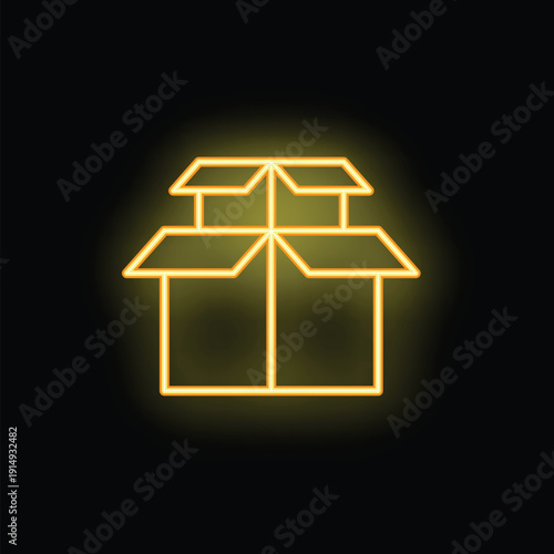 Open cardboard box glowing yellow neon sign on black background, concept for delivery service, online shopping or moving