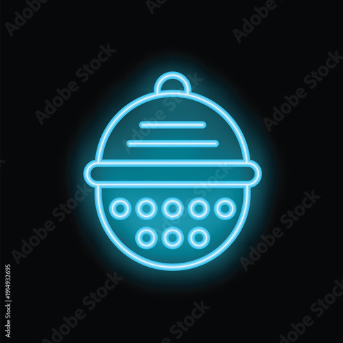 Blue neon sign of a round tea infuser with a chain on black background