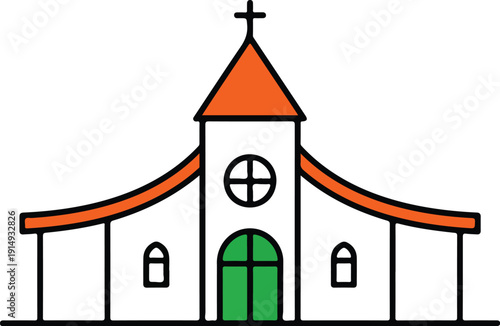 Stylized Church Outline Icon  Orange Roof and Green Door