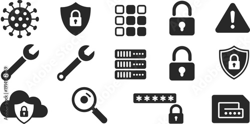 Vector illustration of cybersecurity and data protection icon collection—symbols for online safety, secure access, digital privacy, password security, cloud protection, and artistic representation