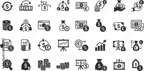 Financial icons depicting money transactions and growth in black silhouette