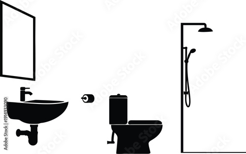 Minimalist bathroom layout featuring a toilet sink and mirror black silhouette
